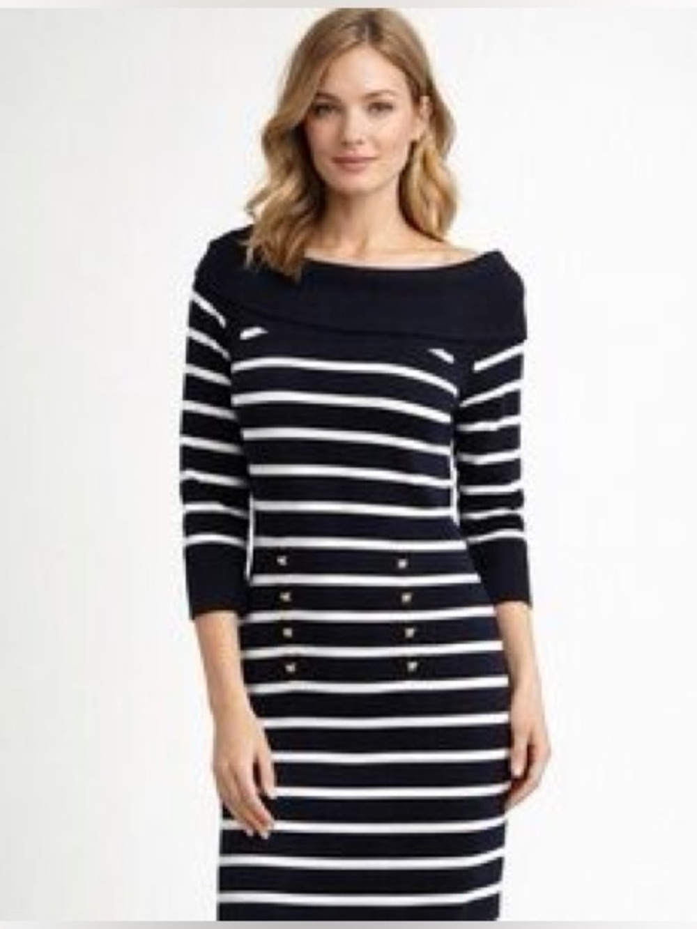 Cache Vintage Nautical Navy and White Striped Jacquard dress